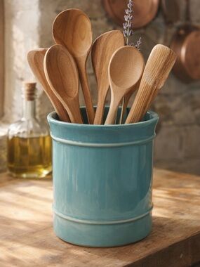 Pottery Barn Cambria Teal Ceramic Utensil Holder Cottage Core Florals